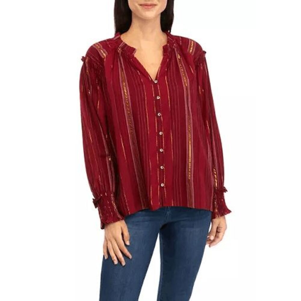 Cupio Women's Ruffle Trim Button Front Blouse